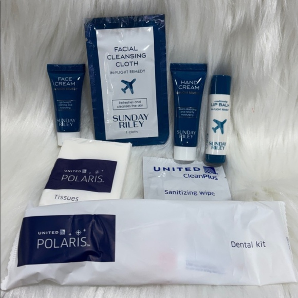 United Polaris business class, Sunday Riley travel kit sample trial toiletry bag